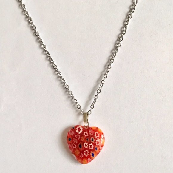 Orange Murano Glass Heart Necklace Millefiori Flowers Vintage Stainless Steel 18 - Picture 5 of 12